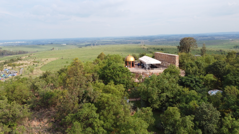 An aerial view of the camp grounds and gathering place